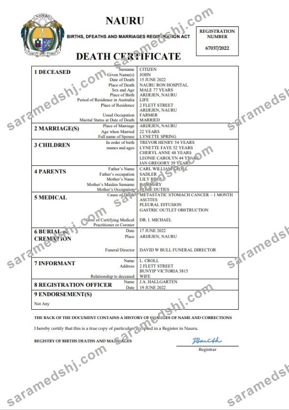 Nauru death certificate Word and PDF template
